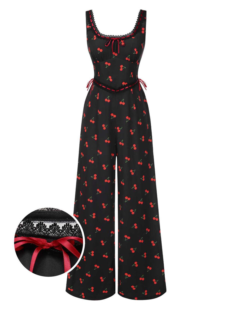 [Vorverkauf] 1940er Quadratischer Hals Spitze Kirsche Bogen Jumpsuit