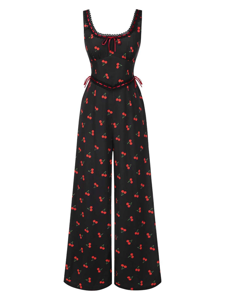 [Vorverkauf] 1940er Quadratischer Hals Spitze Kirsche Bogen Jumpsuit