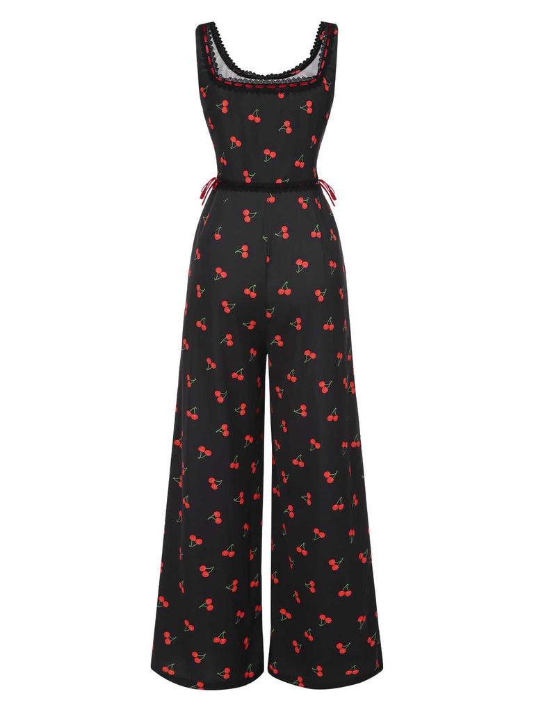 [Vorverkauf] 1940er Quadratischer Hals Spitze Kirsche Bogen Jumpsuit