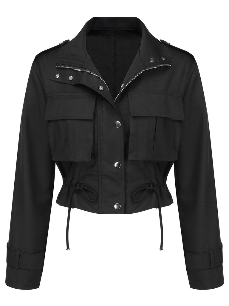 [Vorverkauf] Schwarz 1950er Revers Box-Pleat Tasche Jacke