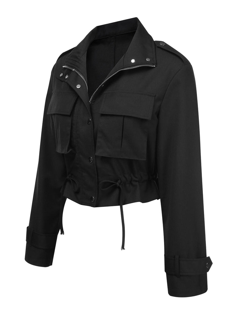 [Vorverkauf] Schwarz 1950er Revers Box-Pleat Tasche Jacke