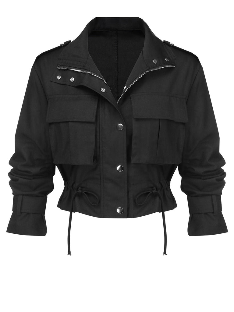 [Vorverkauf] Schwarz 1950er Revers Box-Pleat Tasche Jacke