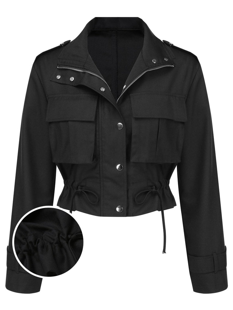 [Vorverkauf] Schwarz 1950er Revers Box-Pleat Tasche Jacke