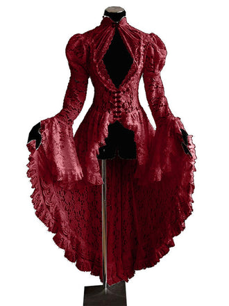 [Vorverkauf] Rot 1980er Gigot-Ärmel Viktorianisch Spitze Kleid