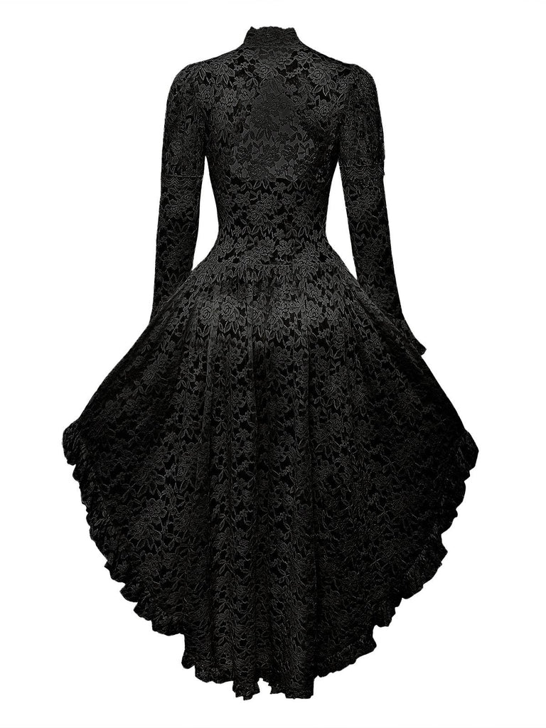 [Vorverkauf] Schwarz 1980er Gigot-Ärmel Viktorianisch Spitze Kleid