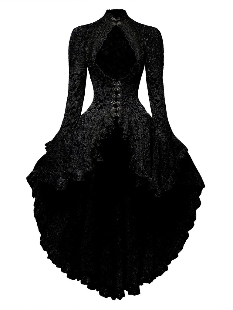 [Vorverkauf] Schwarz 1980er Gigot-Ärmel Viktorianisch Spitze Kleid