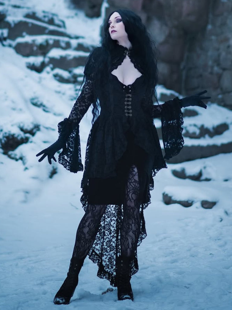 Schwarz 1980er Gigot-Ärmel Viktorianisch Spitze Kleid