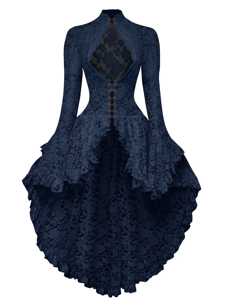 Dunkelblaues 80er viktorianisches Spitzenkleid mit Keulenärmeln
