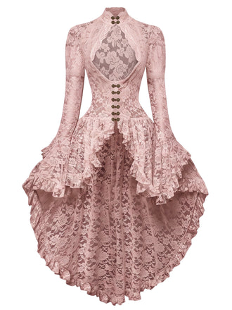 [Vorverkauf] Rosa 80er Spitzenkleid im viktorianischen Stil mit Trompetenärmeln