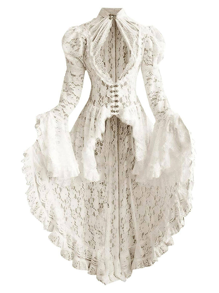 [Vorverkauf] Weiß 1980er Gigot-Ärmel Viktorianisch Spitze Kleid