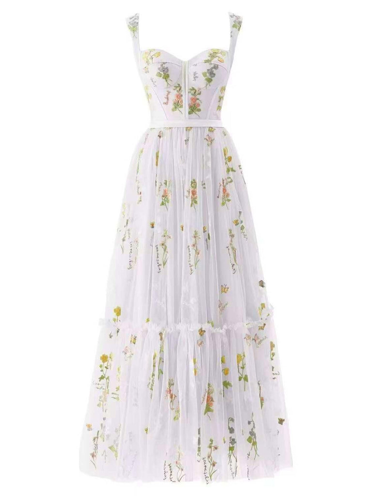 Hellgrün 1930er Blumen Netz Stäbchen Schnürung Kleid