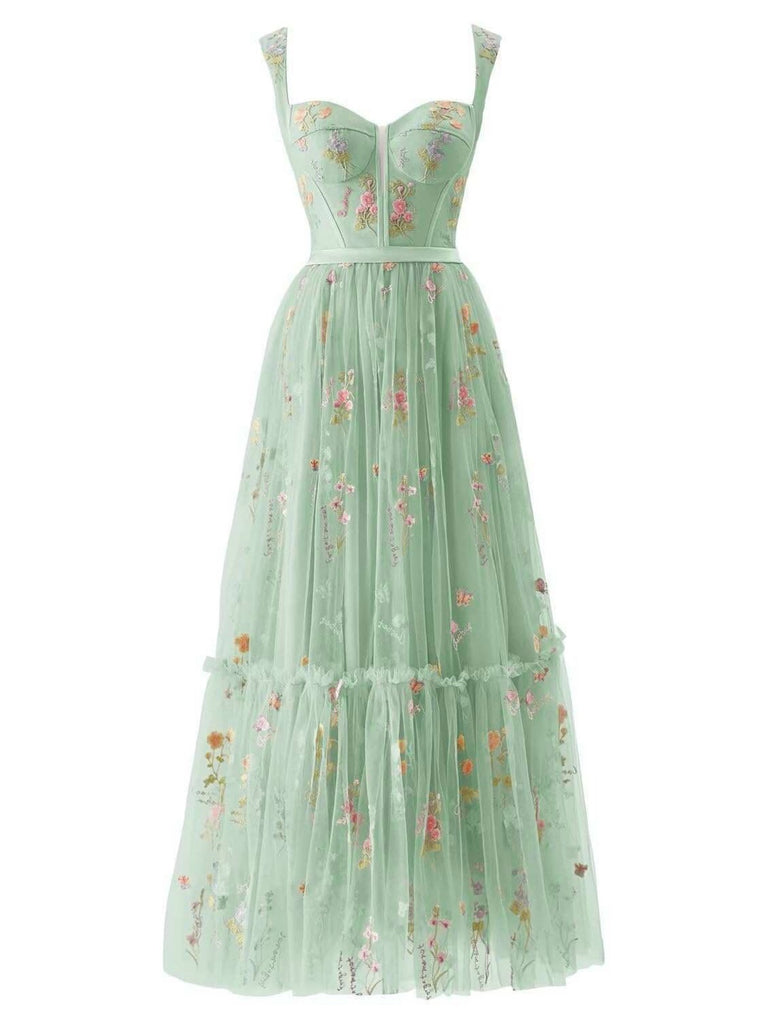Hellgrün 1930er Blumen Netz Stäbchen Schnürung Kleid