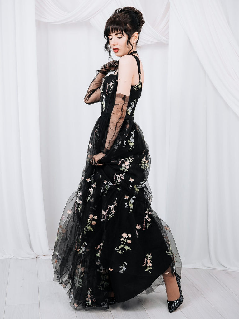 Schwarz 1930er Blumen Netz Stäbchen Schnürung Kleid