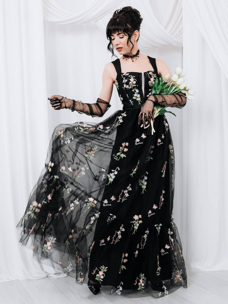 Schwarz 1930er Blumen Netz Stäbchen Schnürung Kleid
