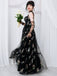 Schwarz 1930er Blumen Netz Stäbchen Schnürung Kleid