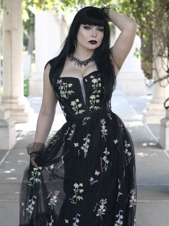 Schwarz 1930er Blumen Netz Stäbchen Schnürung Kleid