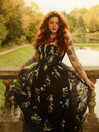 Schwarz 1930er Blumen Netz Stäbchen Schnürung Kleid