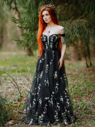 Schwarz 1930er Blumen Netz Stäbchen Schnürung Kleid