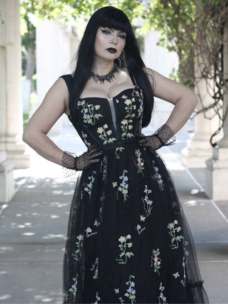 Schwarz 1930er Blumen Netz Stäbchen Schnürung Kleid