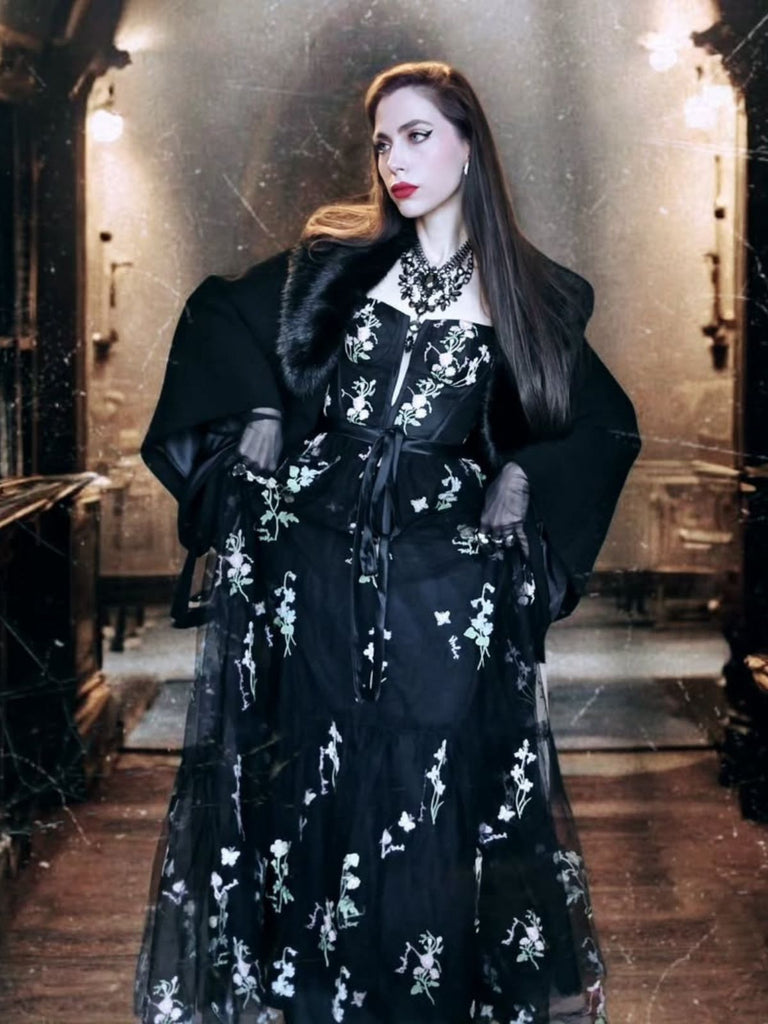 Schwarz 1930er Blumen Netz Stäbchen Schnürung Kleid