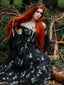 Schwarz 1930er Blumen Netz Stäbchen Schnürung Kleid