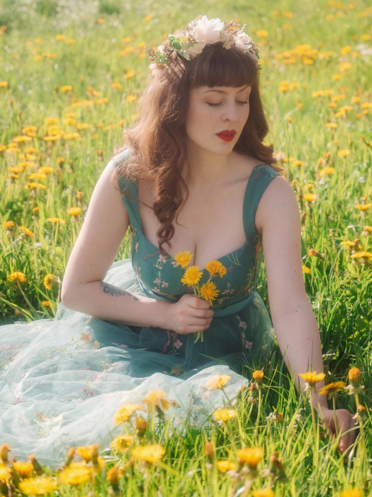 Grün 1930er Blumen Netz Stäbchen Schnürung Kleid