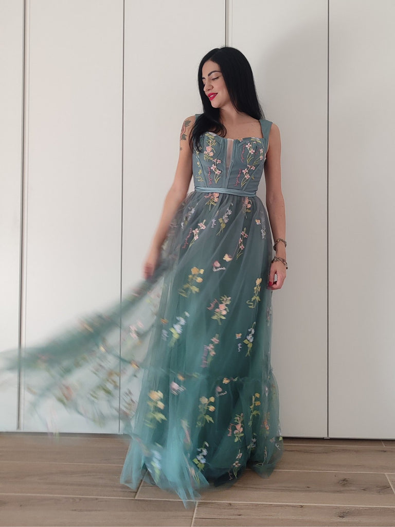 1930er Blumen Netz Stäbchen Schnürung Kleid