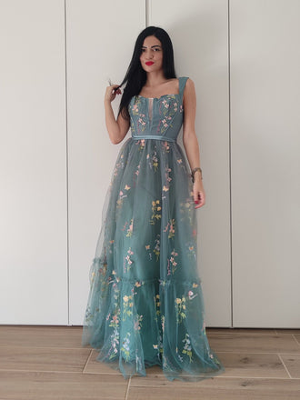 1930er Blumen Netz Stäbchen Schnürung Kleid