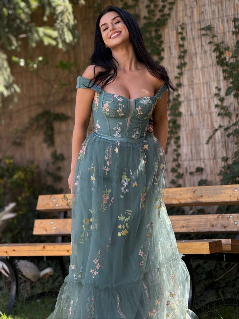 Grün 1930er Blumen Netz Stäbchen Schnürung Kleid