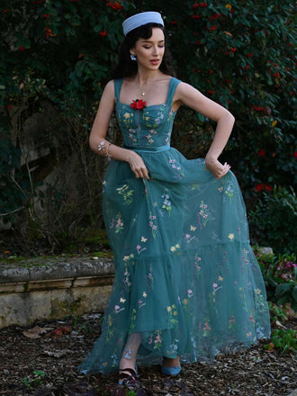 Grün 1930er Blumen Netz Stäbchen Schnürung Kleid