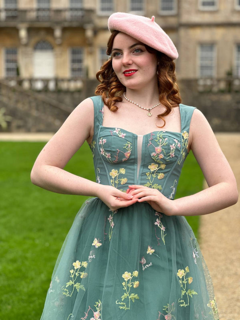 1930er Blumen Netz Stäbchen Schnürung Kleid