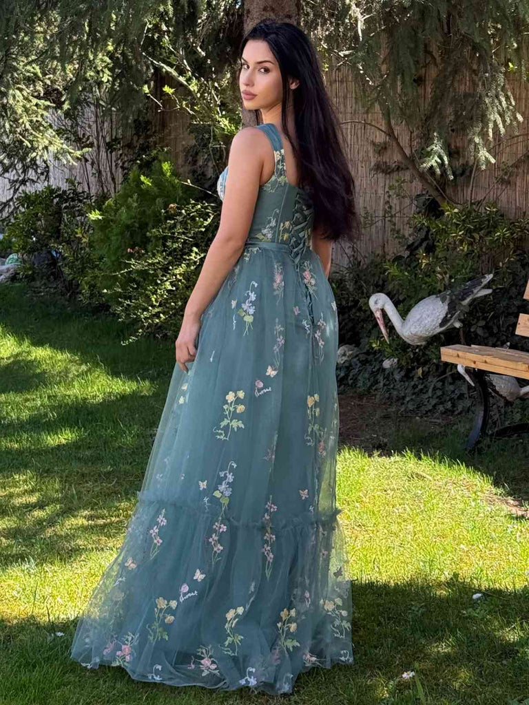 Grün 1930er Blumen Netz Stäbchen Schnürung Kleid