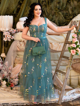 Grün 1930er Blumen Netz Stäbchen Schnürung Kleid
