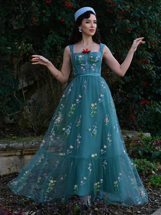 Grün 1930er Blumen Netz Stäbchen Schnürung Kleid