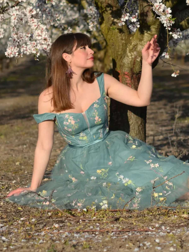 Grün 1930er Blumen Netz Stäbchen Schnürung Kleid
