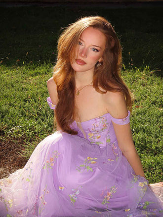 Lila 1930er Blumen Netz Stäbchen Schnürung Kleid