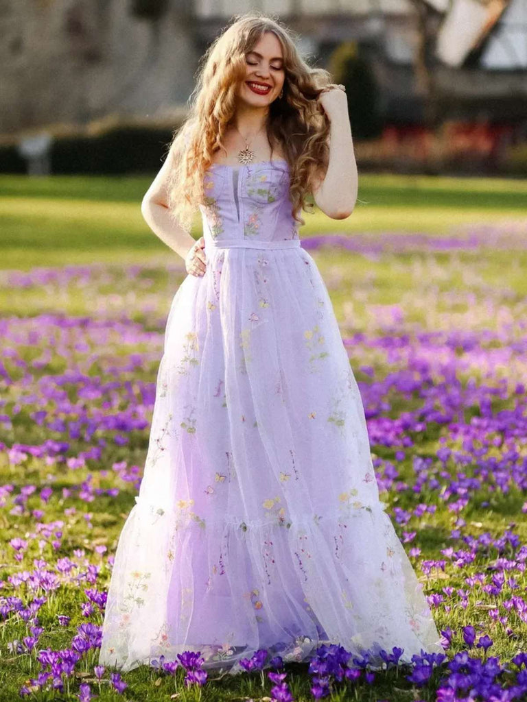 Lila 1930er Blumen Netz Stäbchen Schnürung Kleid