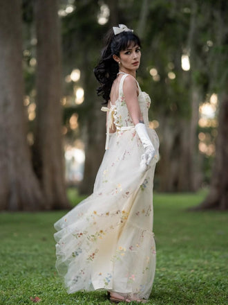 Gelb 1930er Blumen Netz Stäbchen Schnürung Kleid