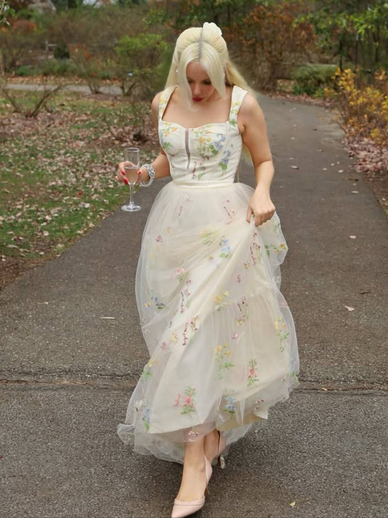 Gelb 1930er Blumen Netz Stäbchen Schnürung Kleid