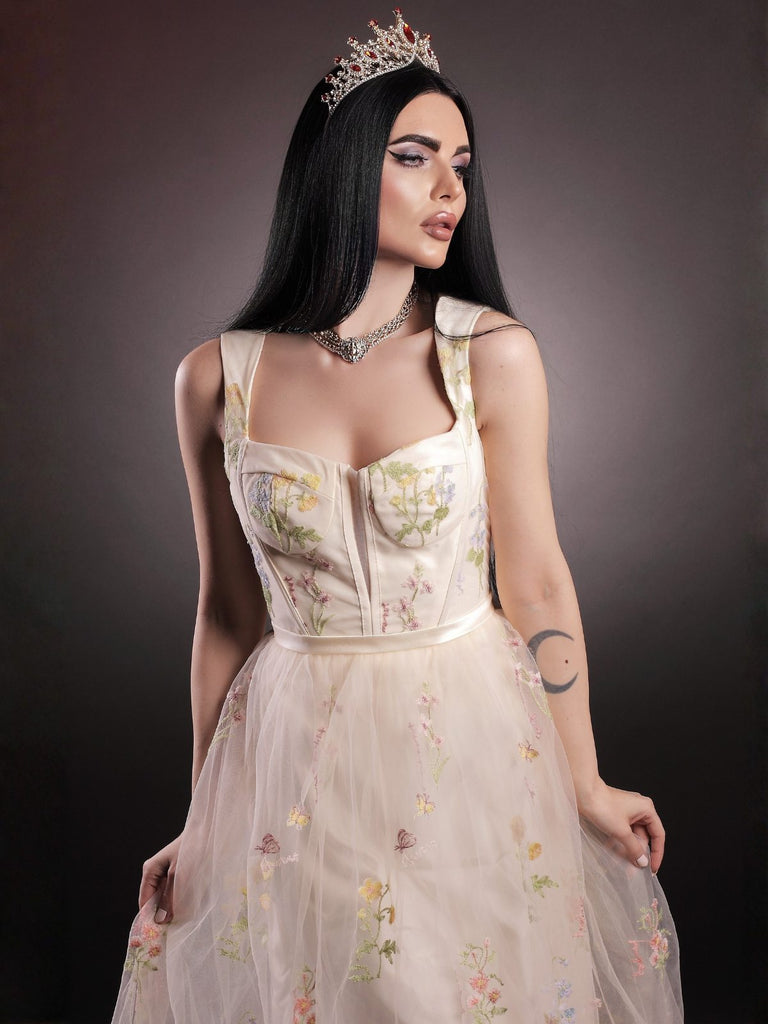 Gelb 1930er Blumen Netz Stäbchen Schnürung Kleid