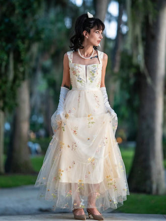 Gelb 1930er Blumen Netz Stäbchen Schnürung Kleid