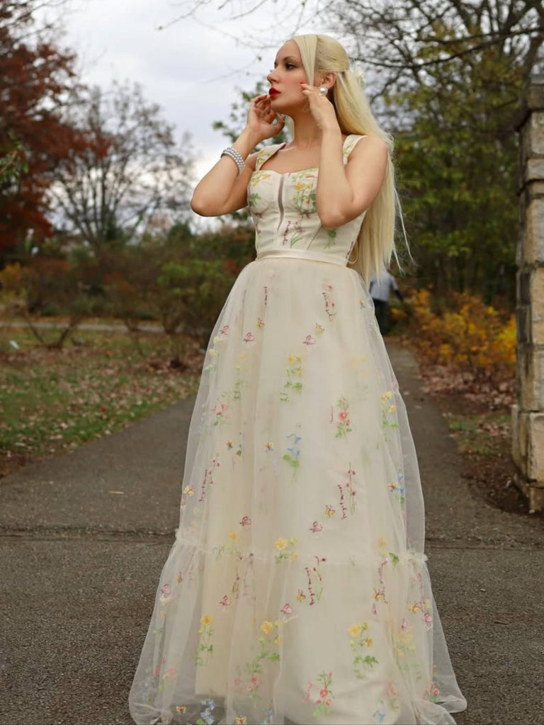 Gelb 1930er Blumen Netz Stäbchen Schnürung Kleid