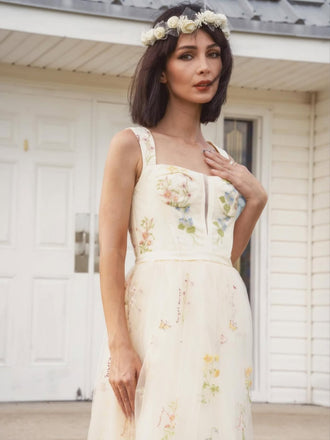 Gelb 1930er Blumen Netz Stäbchen Schnürung Kleid