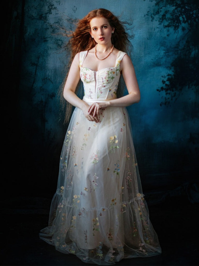 Gelb 1930er Blumen Netz Stäbchen Schnürung Kleid