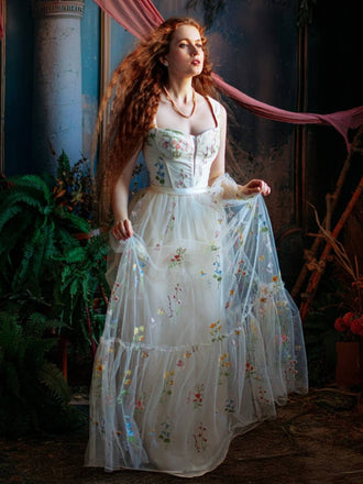 Gelb 1930er Blumen Netz Stäbchen Schnürung Kleid