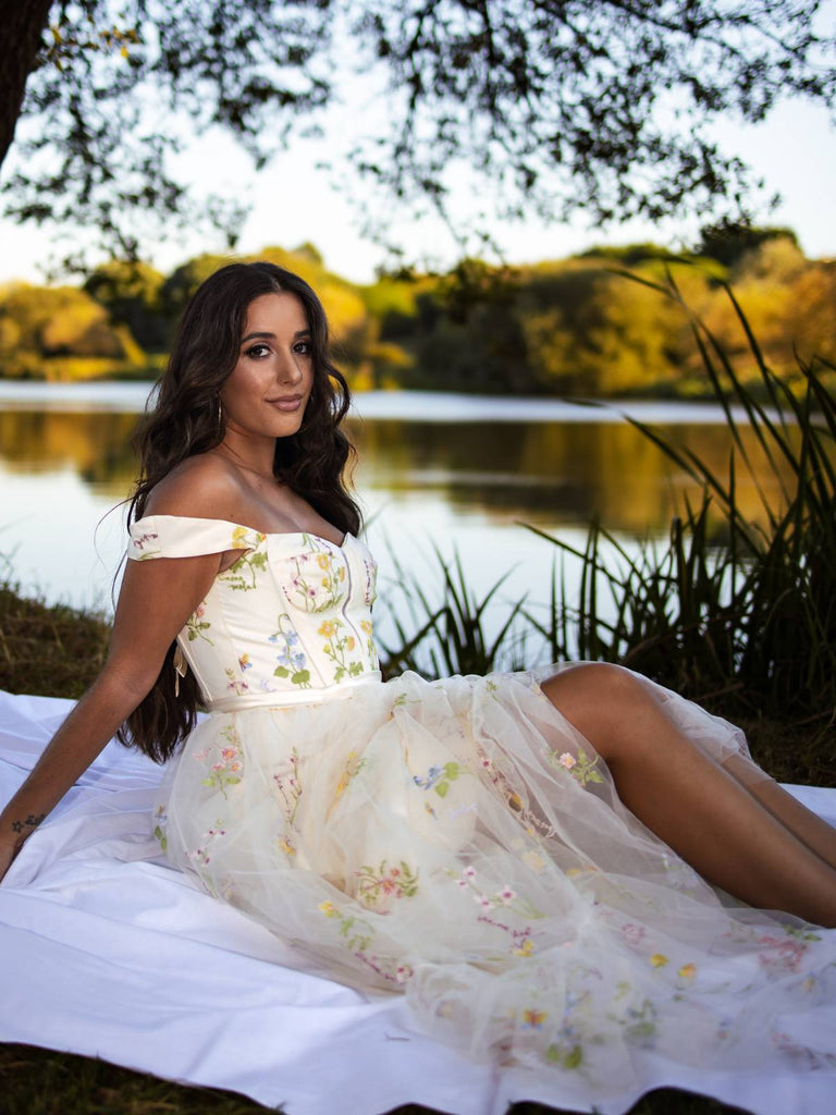 Gelb 1930er Blumen Netz Stäbchen Schnürung Kleid