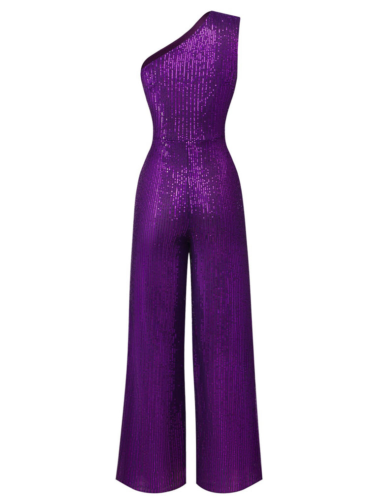 Lila 1970er Paillette Eine Schulter Jumpsuit