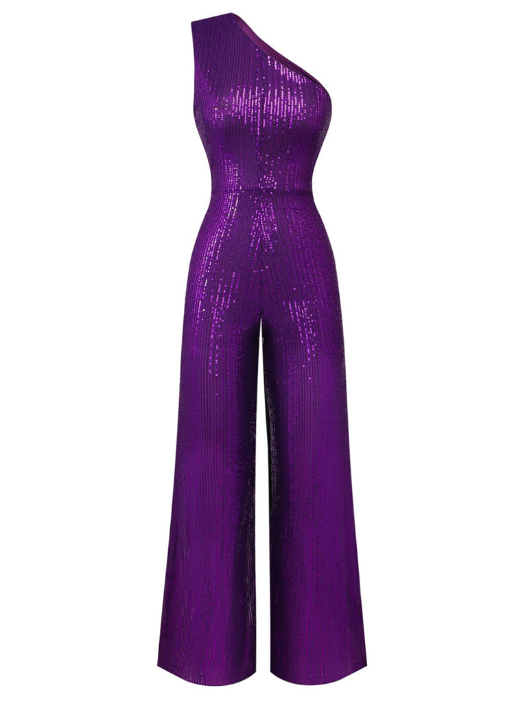 Lila 1970er Paillette Eine Schulter Jumpsuit
