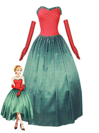 Grün 1930er Grinch Martha Cosplay Polka Dot Trägerlos Kleid
