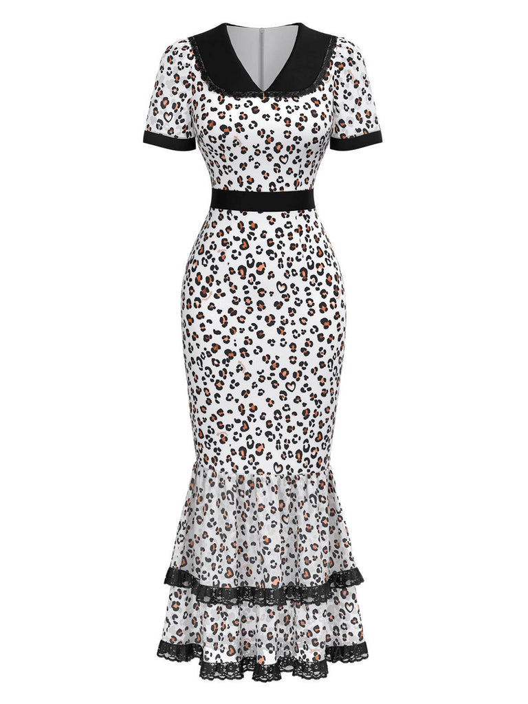 [Vorverkauf] Weiß & Schwarz 1930er Leopard Spitze Fischschwanz Kleid